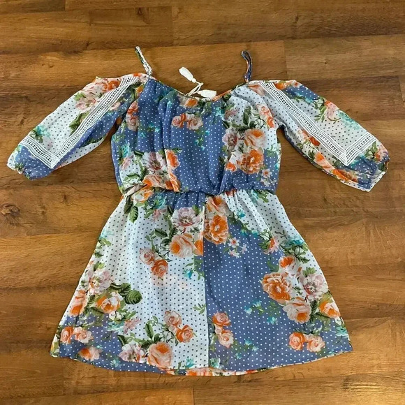 City Studio Women's‎ Blue Polka Dots Floral Straps Dress Sz. L - Picture 2 of 8